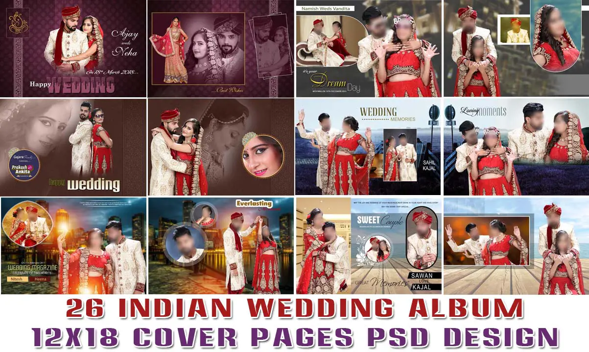 26 Indian Wedding Album 12x18 Cover Pages PSD Design