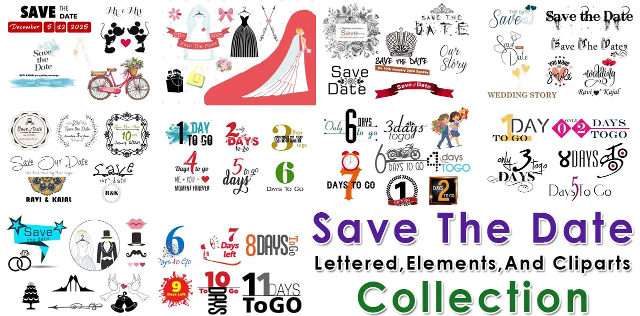 Save The Date Lettered, Elements, And Cliparts Collection