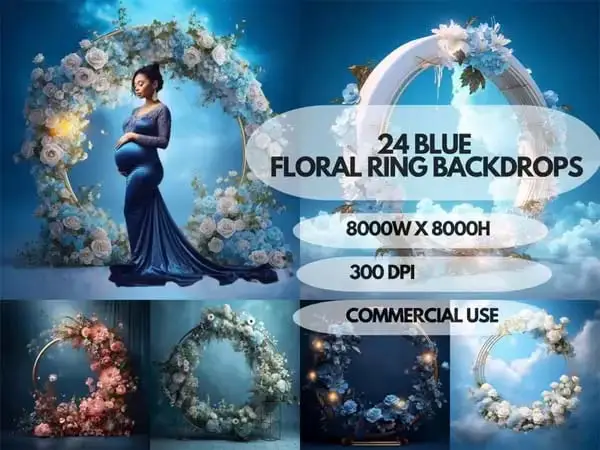24 Blue Floral Ring Maternity Backdrop