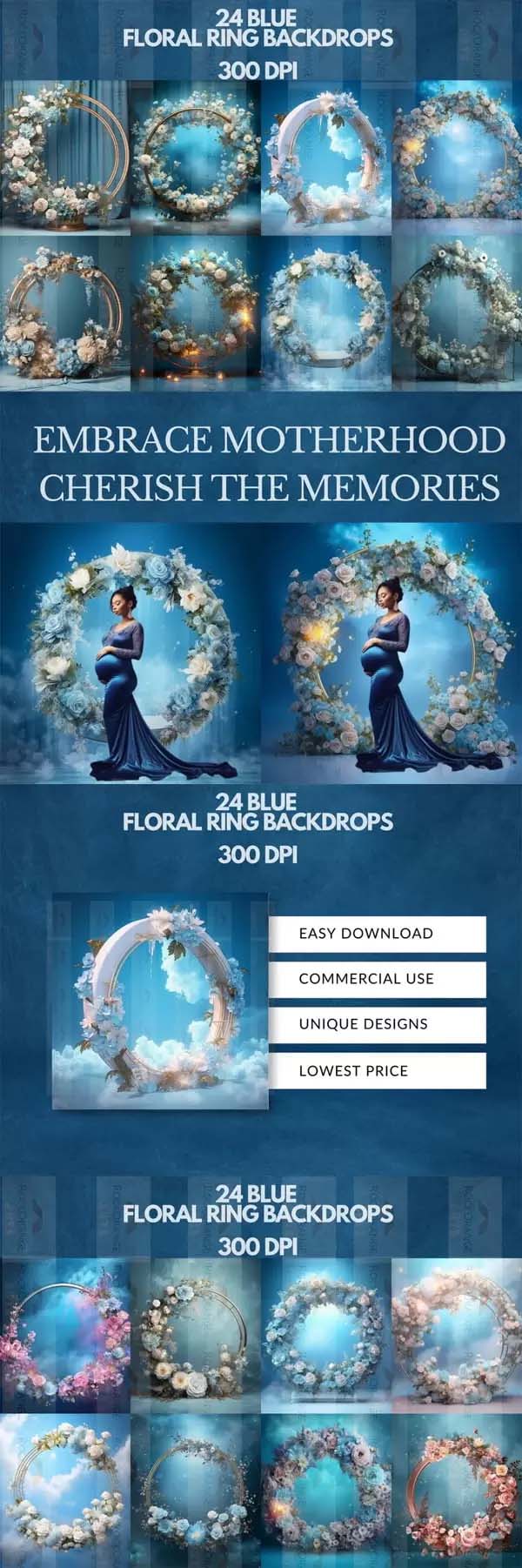 24 Blue Floral Ring Maternity Backdrop