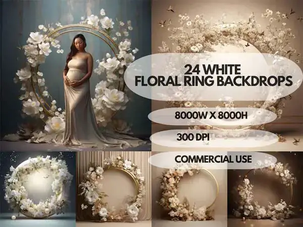 24 White Floral Ring Maternity Digital Backdrops