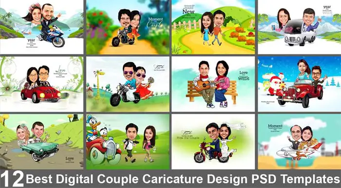 12 Digital Cartoon Couple Caricature PSD Templates