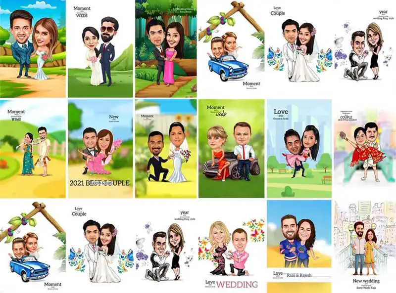 15 Digital Couple Caricatures PSD Templates