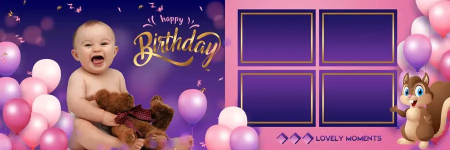 1st birthday album PSD 12x36 — editable text and photo placeholders for designers