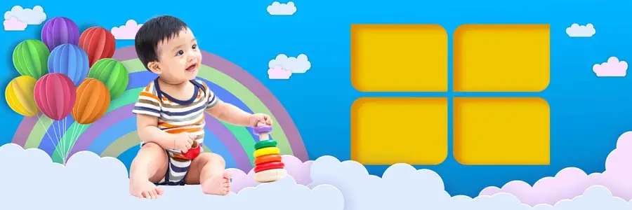 1st birthday album PSD 12x36 — colorful balloon party photo spread