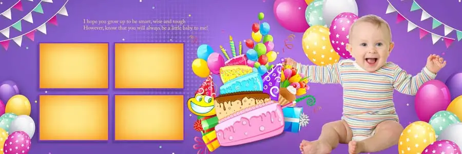 1st birthday album PSD 12x36 — full spread preview with photo placeholders