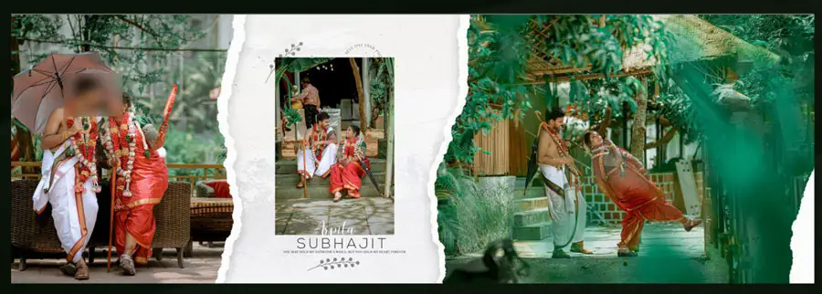 12x36 album PSD template torn-paper collage with couple under umbrella