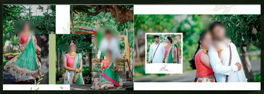 12x36 album PSD template outdoor couple portrait with polaroid inset and greenery