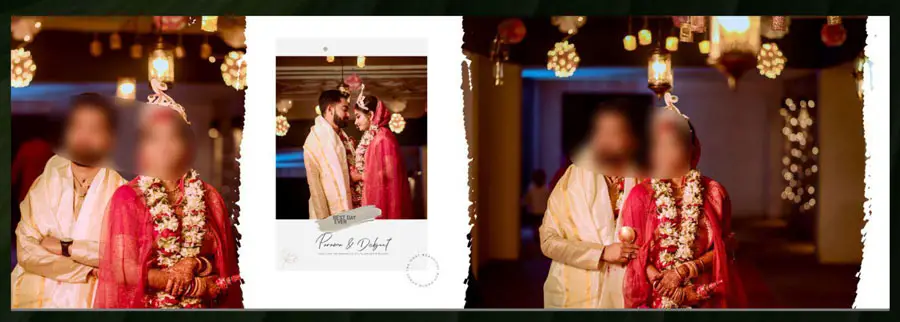 12x36 album PSD template reception shots with torn edge frame and couple portraits