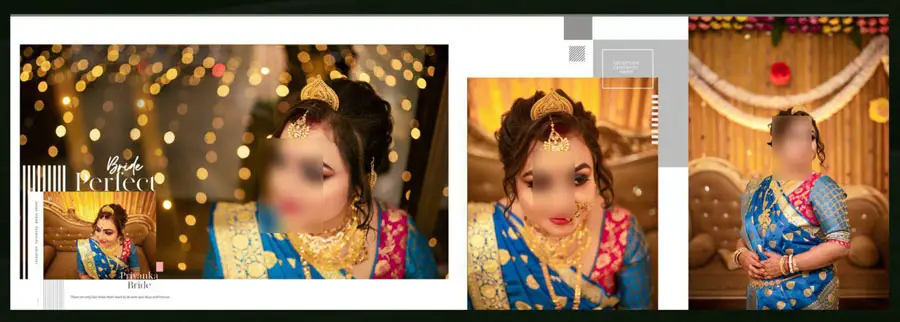 12x36 album PSD template bridal closeup layout in blue sari with bokeh lights