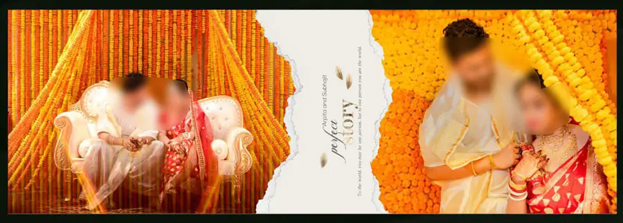 12x36 album PSD template marigold backdrop bride and groom portrait spread