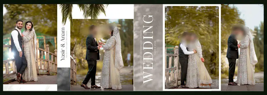 12x36 album PSD template elegant outdoor couple portraits with wedding typography