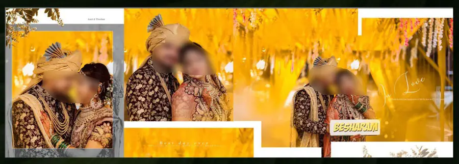 12x36 album PSD template bright yellow marigold decor couple portraits