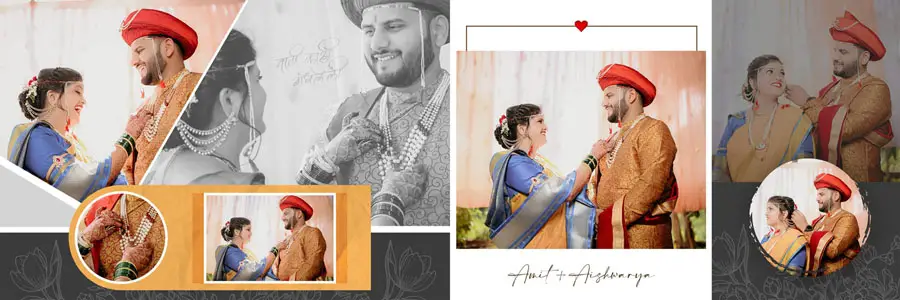 Marathi wedding album PSD spread panoramic couple portrait with decorative frames 12x36