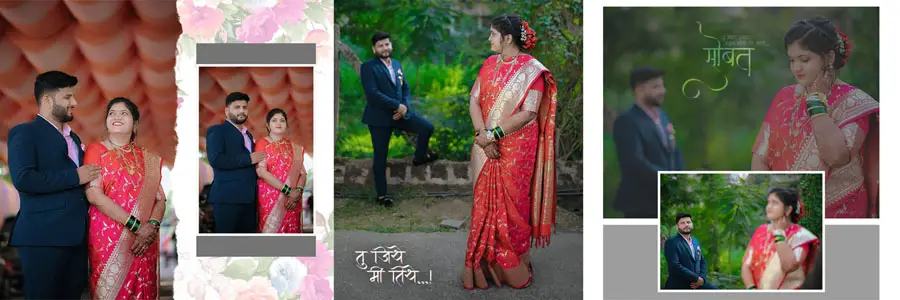 Marathi wedding album PSD spread garden portraits with floral frame 12x36