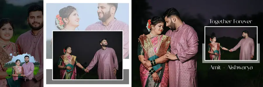 Marathi wedding album PSD spread romantic dark editorial layout together forever 12x36
