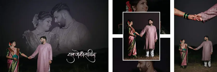 Marathi wedding album PSD spread elegant black spread with holding hands detail 12x36