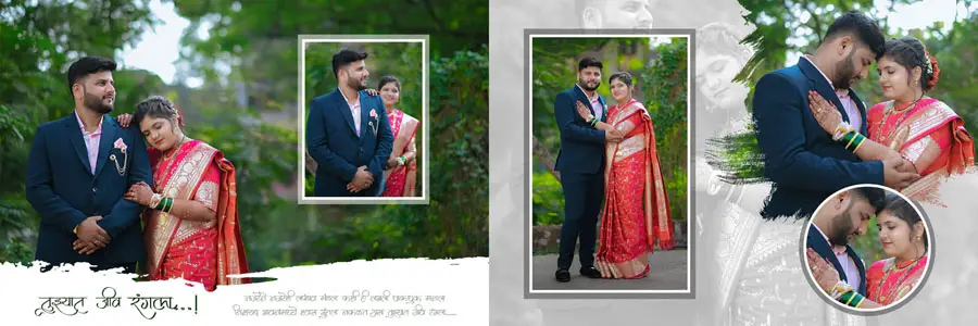 Marathi wedding album PSD spread outdoor couple portraits with framed inserts 12x36