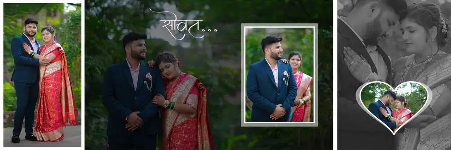 Marathi wedding album PSD spread classic trio portraits with heart inset 12x36