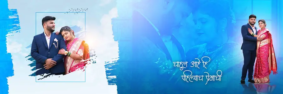 Marathi wedding album PSD spread blue brushstroke background with couple portrait 12x36