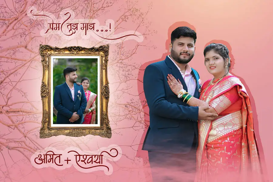 Marathi wedding album PSD spread framed portrait with pink decorative background 12x36