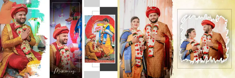 Marathi wedding album PSD spread garland ceremony and couple portraits 12x36