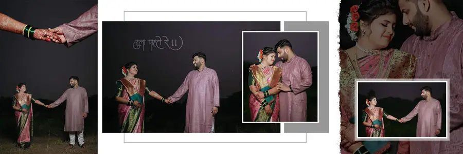 Marathi wedding album PSD spread moody black background couple portraits 12x36