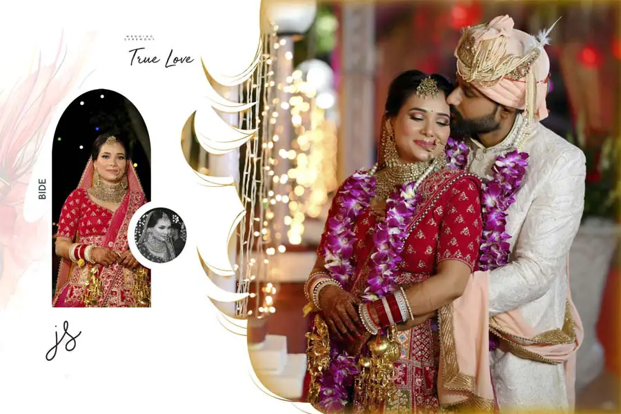 Elegant 12x18 Indian wedding album cover PSD design for bride and groom
