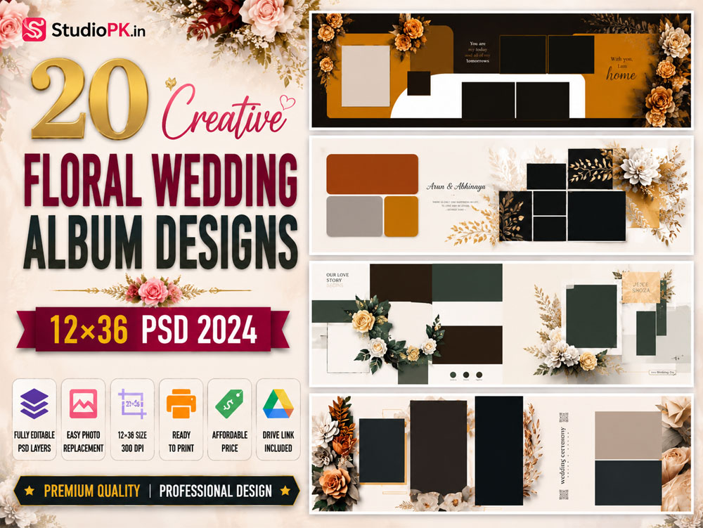 20 Creative Floral Wedding Album Designs 12×36 PSD 2024