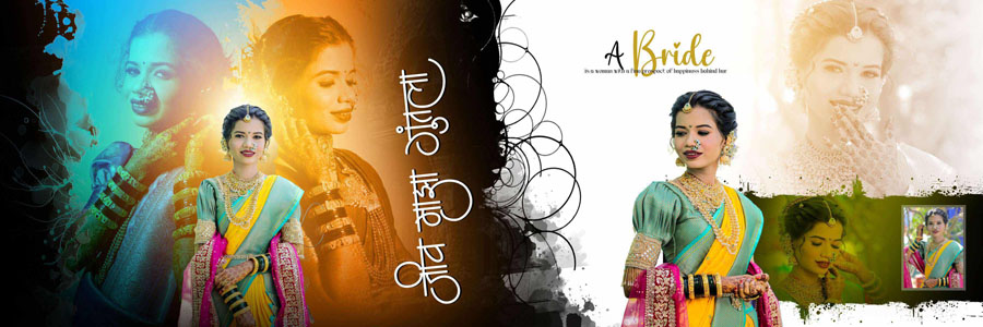 Marathi wedding album page with clean cinematic photo composition