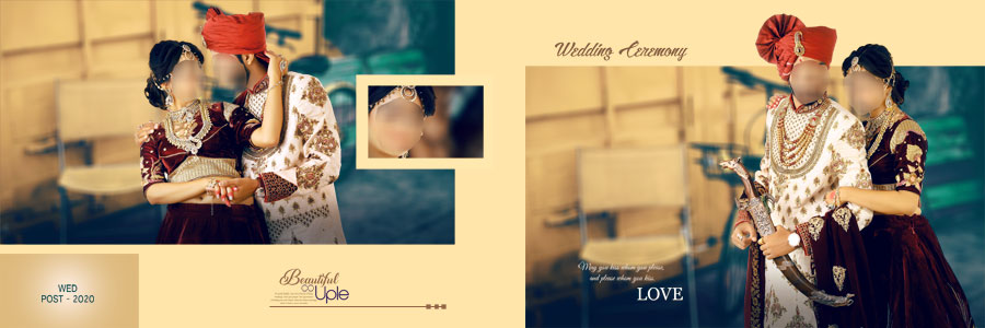 Warm orange and brown wedding album PSD design with multiple couple photos