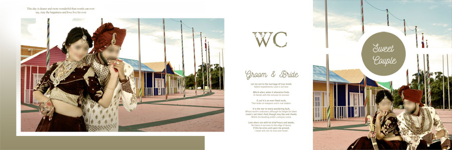 Black and white Indian wedding album design with a couple portrait and dark blue accents