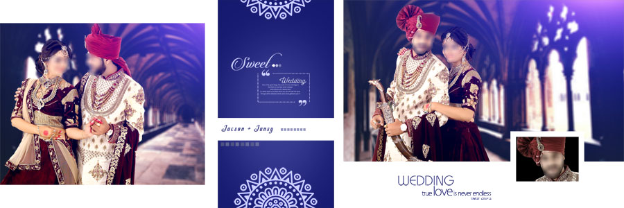 Navy blue wedding DM album PSD design featuring colorful Indian wedding portraits