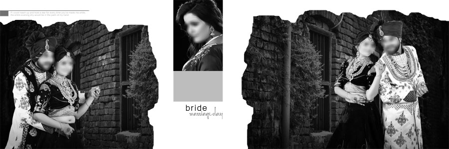 Dark brick background wedding DM album design with romantic couple portraits