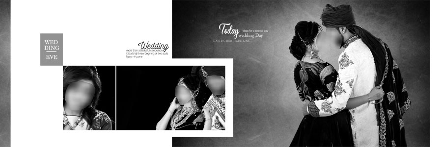 Dark blue Indian wedding album design with bride and groom portraits and elegant accents