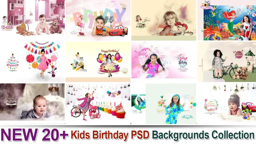 NEW 20+ Kids Birthday PSD Backgrounds Collection