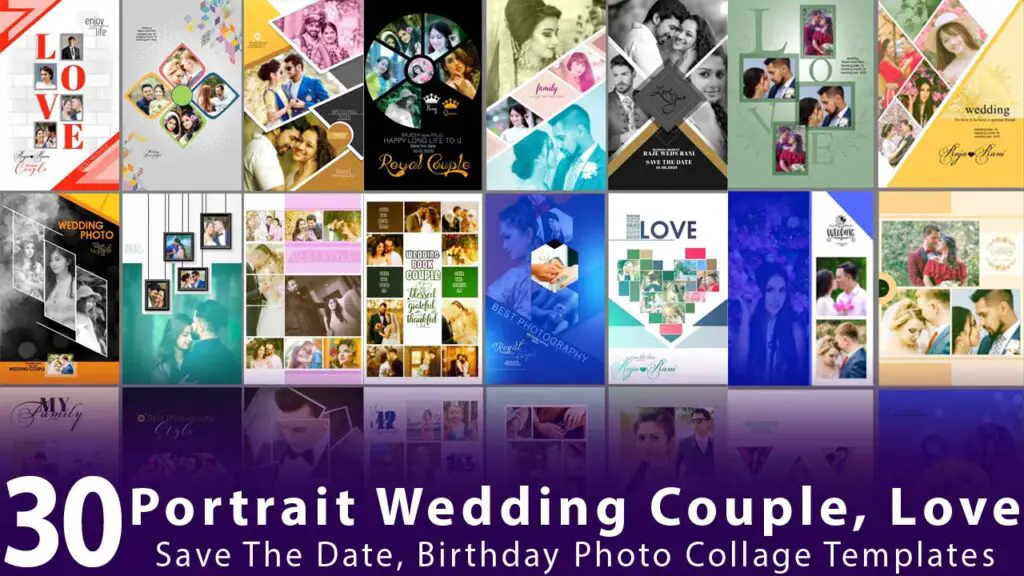 Portrait Wedding Couple, Love, Save The Date, Birthday Photo Collage Templates